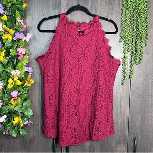 Berry You Sleeveless Red Lace Lined High Neckline Top Size XL